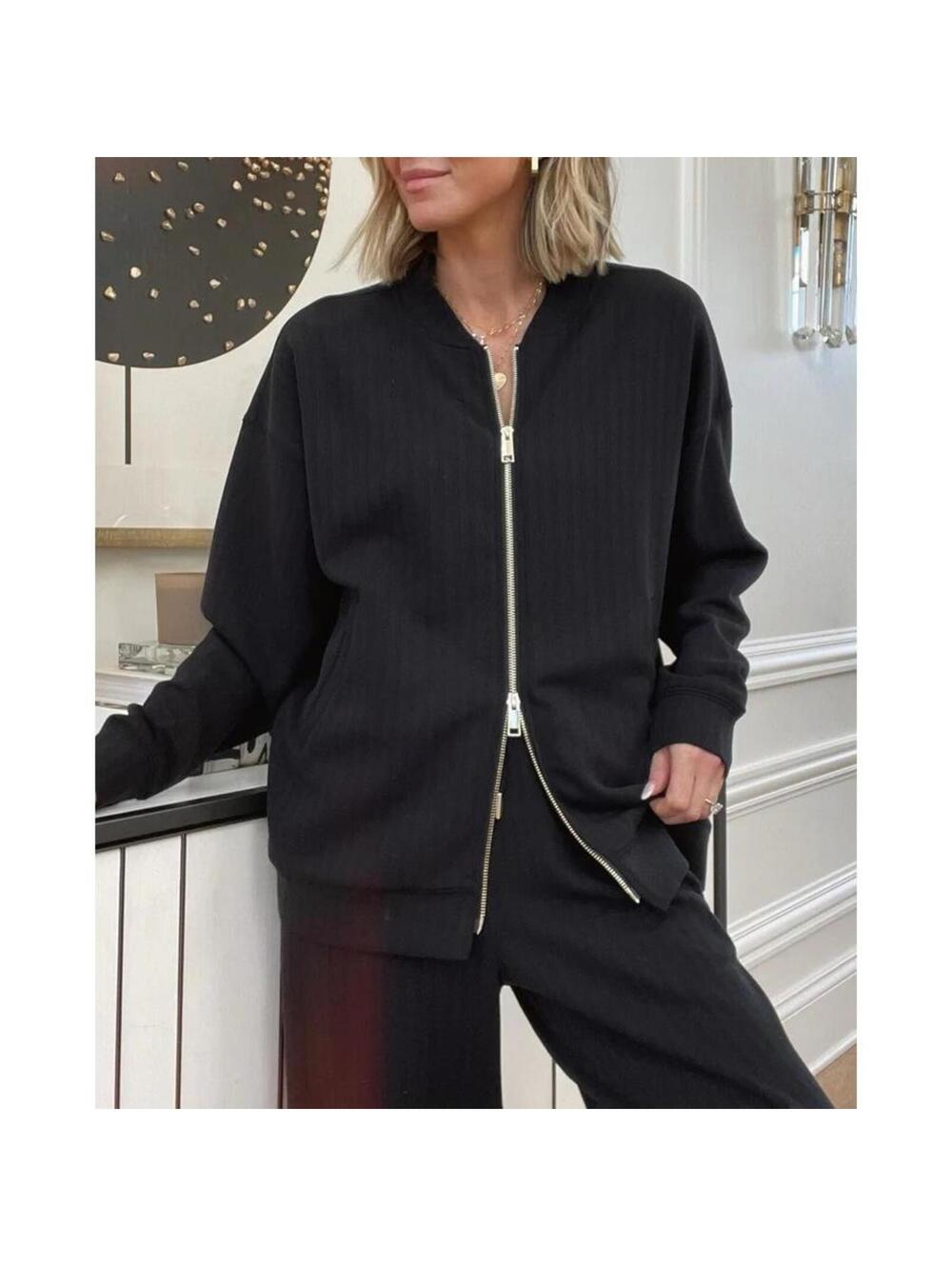Splendid x Cellajaneblog Rib Scuba Zip-Up Jacket in Black-Size X-Small